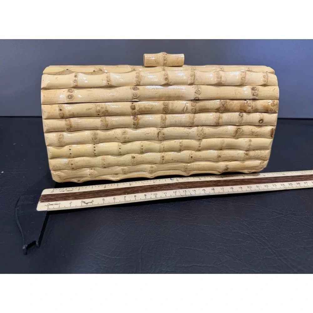 J. McLaughlin Woven Rattan Bamboo  Kendra Clutch Purse Natural Tan Handbag